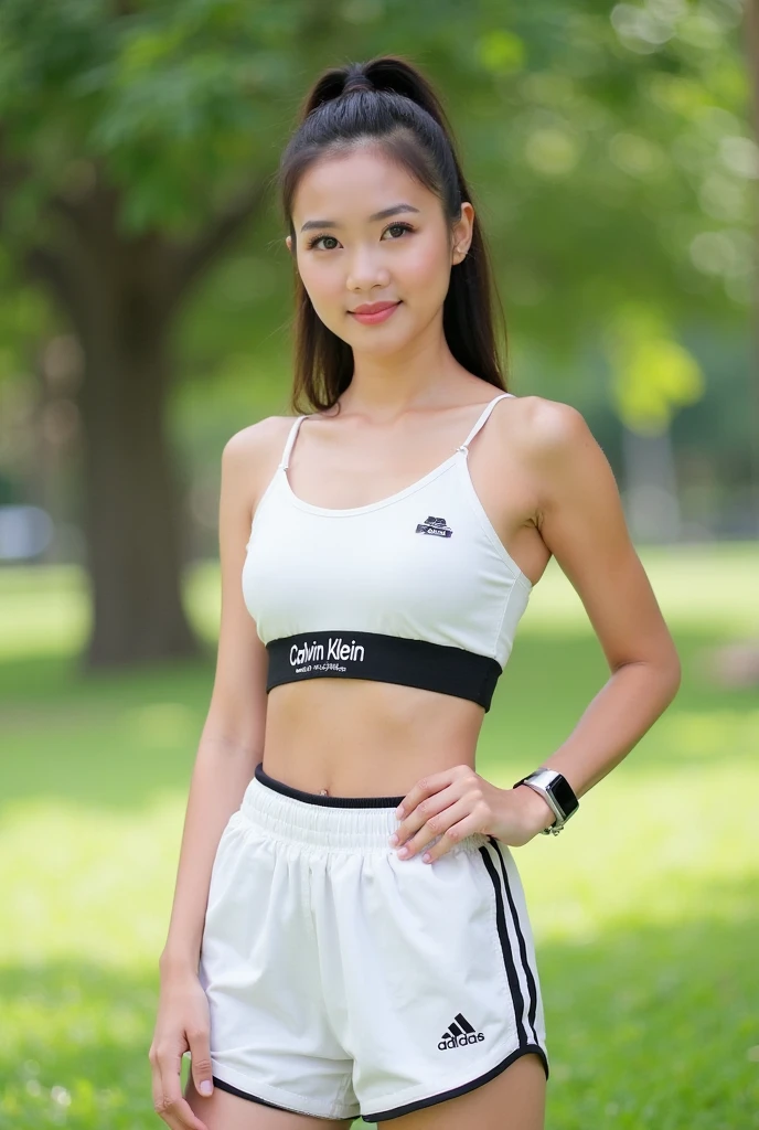 A (beautiful) young Brazilian girl, (extremely pale skin:1), (straight black hair:1), (small pointed nose, full lips, pointed chin, small face), (slim body), (small shoulders:1.6), (slim waist and thick hips:1.4), (small torso:1.4), (extremely thick hips:1.6), (very thick thighs:1.6). 19 years old, posing with confidence. Arafed woman in white shirt and black shorts posing for a photo., thick, fit photo, dressed in a top and shorts, fit girl, wearing simple tight clothes, tight outfit, tight outfit, Violet Myers, Tight shirt, slim waist and thick hips, Thick thighs, Tight fit, sophie mudd portrait, casual pose, wearing Tight shirt, bra and shorts streetwear.