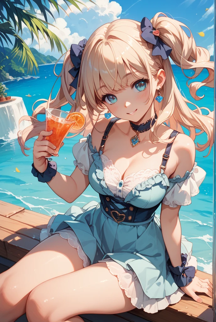 Gyaru chica con cabello rubio y ojos azules piel bronceada y una sonrisa y tacones altos y bikini