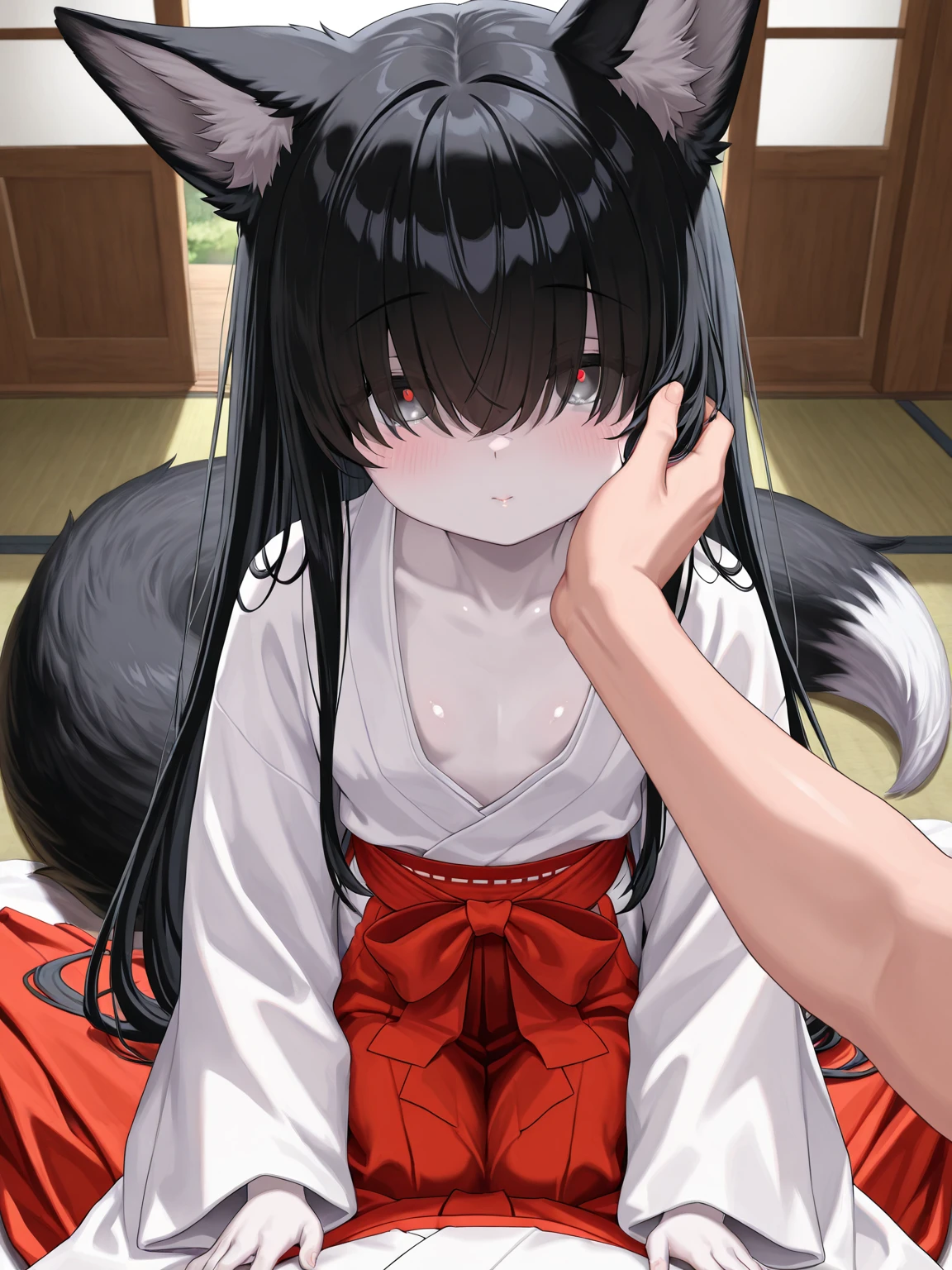 Shinomiya Kaguya, Shinomiyakaguya, Red eyes, small breasts, list brook, black fur, Red eyes, naked, saliva, drooling, sweat, suggestive pose, collar for cats, hand near mouth, expressionless, whole body, crouched, legs open, M-shaped legs, sex toys on the floor,