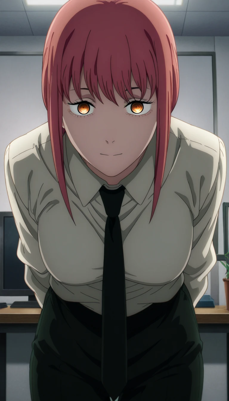 1 girl. Makima. White shirt. Black tie. In the office. Sucking dick. Blowjob. Fellatio.