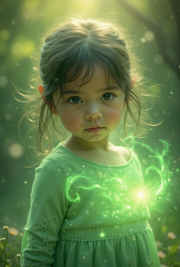 There's a meNINA KIDS BLONDIE holding a lamp in her hand, verde brilhante, brilho verde, green lighting, brilho verde, photo manipulation, Magia Verde, he is casting a lighting spell, luz verde, energia verde, neon verde, Aura verde, girl with magical powers, amazing color photograph, Luz ambiente verde, brilho radioativo verde, photo - manipulation, amazing photo