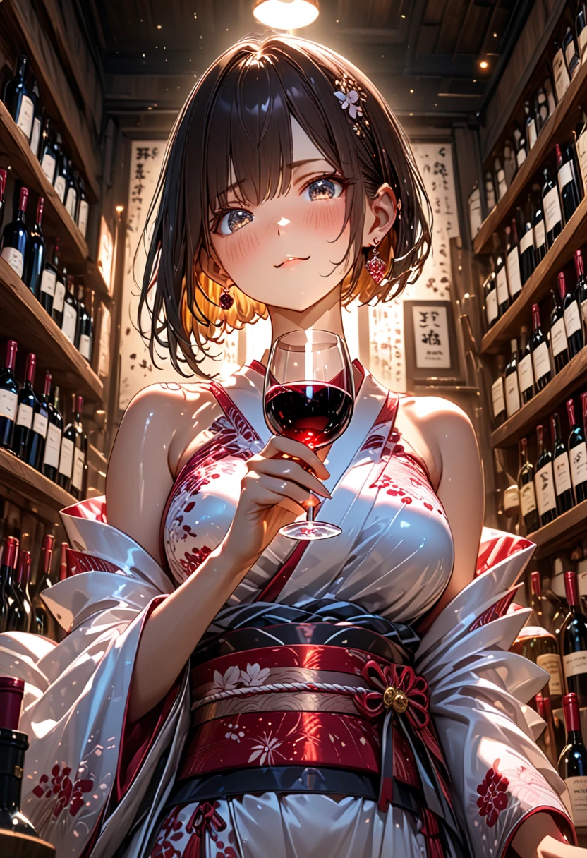 Eye-catching composition,Romantic atmosphere、A woman holding a glass with a lipstick mark on it. The woman is smiling gently, with long hair and wearing a stylish outfit. The glass is elegant and clear, showing a red lipstick mark near the rim. The background is softly lit, creating a warm and inviting atmosphere,delicate face,short cut,black hair