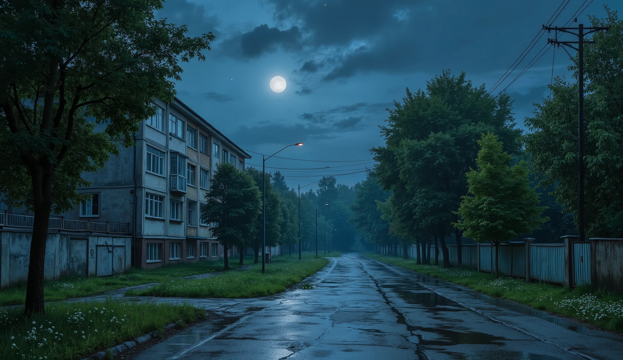 landscape, street, USSR Vibes, detailed panelki, Russian Apartments, many green trees, night, summer, rain, big moon, stars:1.5, cloudy:1.5, grass, crossroad:1.5, cracks in the asphalt:0.3, soviet-style concrete fence:0.15, flowers:0.15, without sun, no wires, no power lines