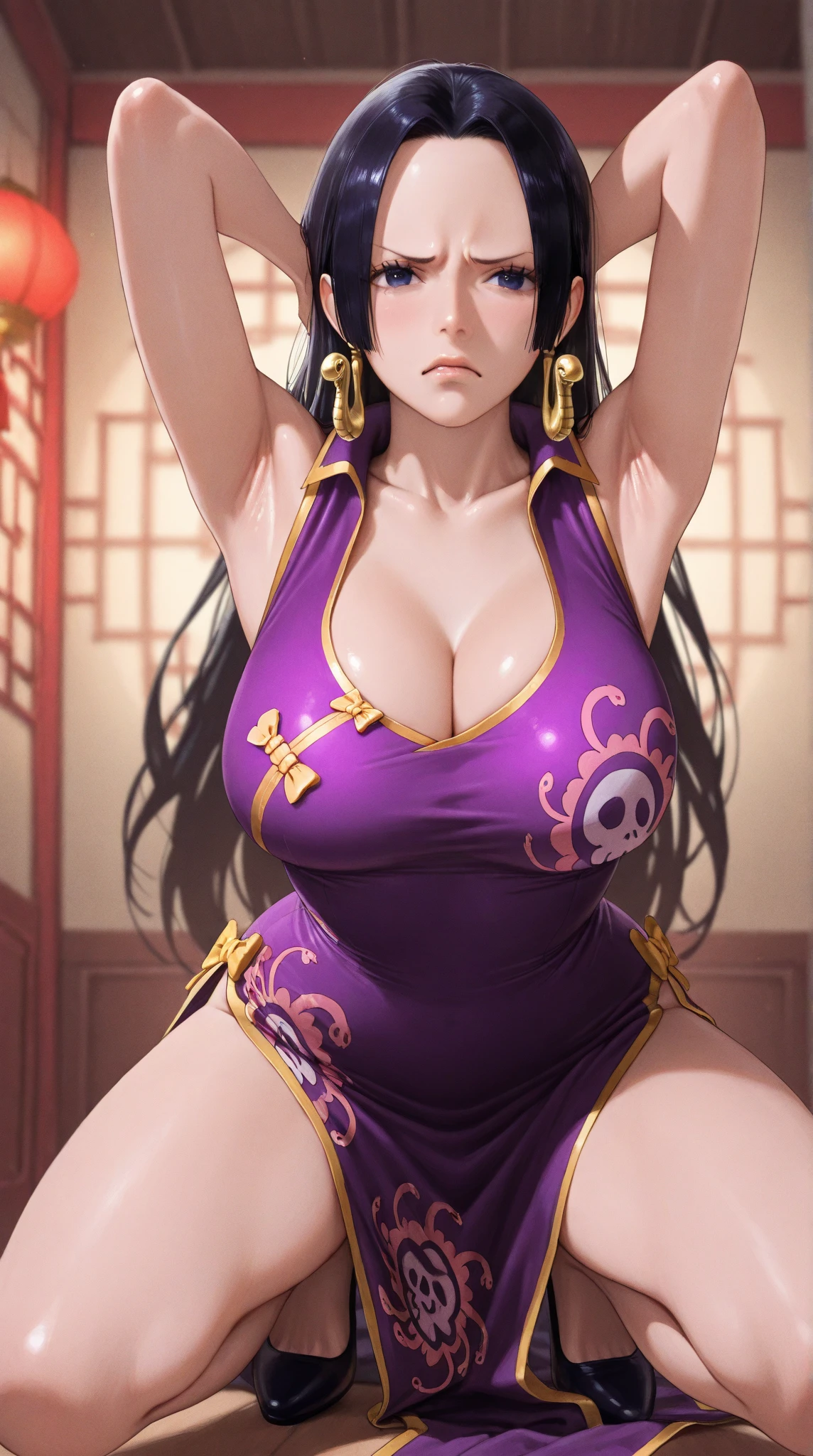 masterpiece, best quality, beautiful art, high resolution, well formed hands, body and fingers, 1 woman, solo, Bremerton, adult, grown up  ,big breasted, cleavage, full body, black stockings, sleeveless, leotard peeking, pelvic curtain, sexy Japanese clothes, maid,  hair ornament, gorgeous legs and thighs,  she is fighting in a combat match at a martial arts tournament, she is getting ready to fight, making her guard pose, action and fighting scene, about to hit the viewer, looking at the viewer, sweating , feeling confident and proud, smiling joyfully and happily, charming her opponent with her beauty, bouncing  breasts, fighting scene, martial arts tournament on the beach 