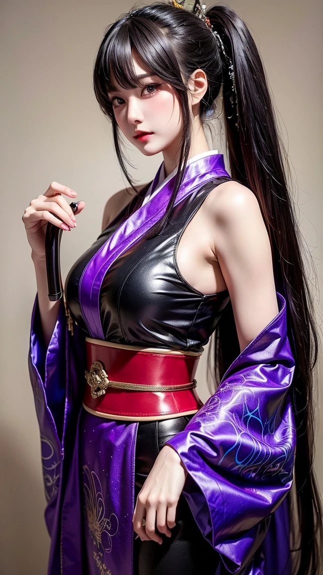 arafed woman in a costume holding a sword and a sword, she is holding a katana sword, very beautiful cyberpunk samurai, female samurai, wearing kimono armor, ornate korean polearm behind her, she is holding a sword, holding a sword on her shoulder, wearing kimono armour, dressed in samurai armour, portrait shot, samurai outfit, ornate cosplay, sexy look, big breast, sexy pose, show breast, light purple hair