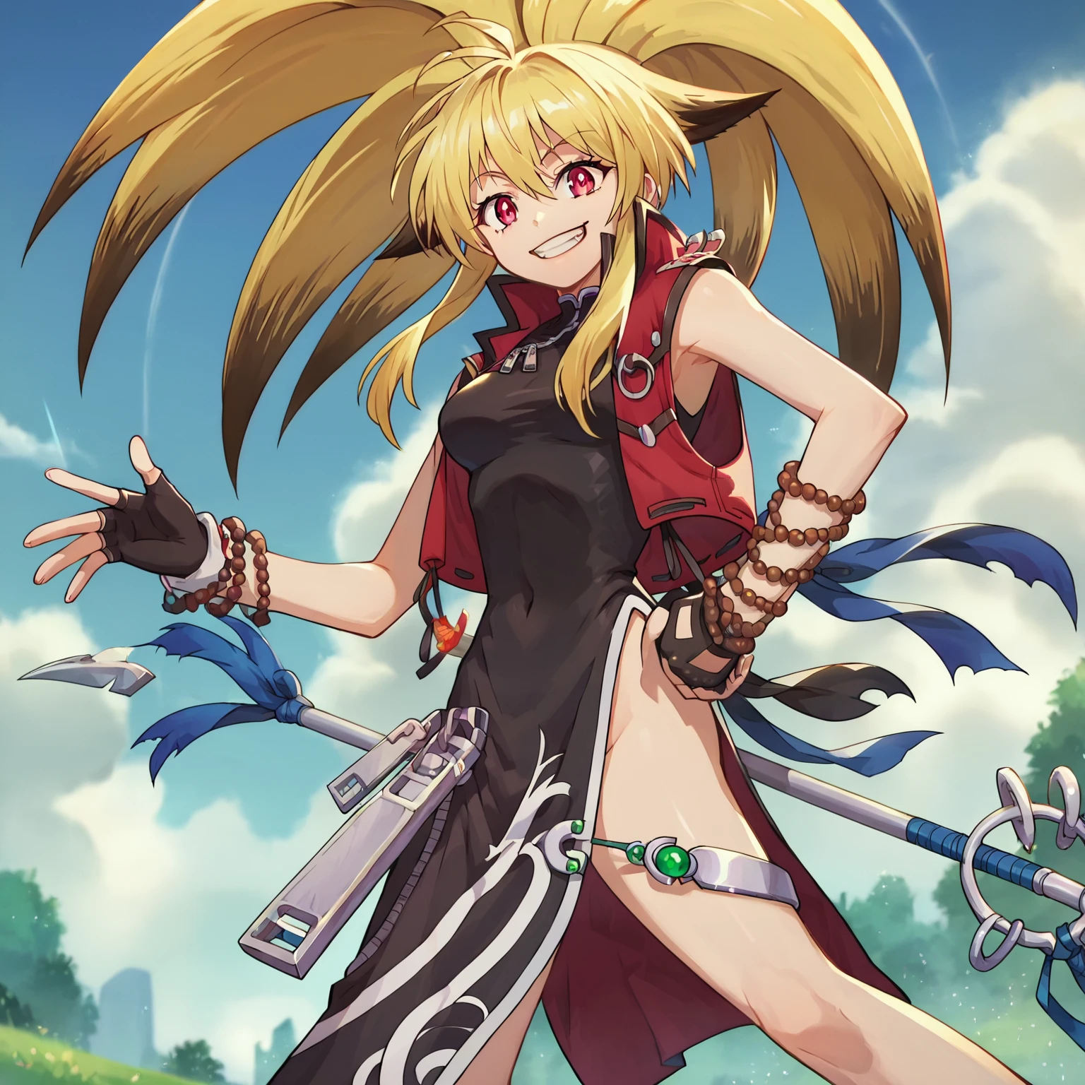 masterpiece, best quality, (1girl, solo),
hideyoshi, 1girl, solo, blonde hair, fishnets, double bun, hair bun, midriff, navel, thighhighs, open mouth, red eyes, smile, skirt, ribbon, headband, twintails, white background, hair ribbon, fishnet thighhighs, :d, bow, full body, armor, looking at viewer, garter straps, clenched hands, boots
<lora:Hideyoshi:0.65>
blush,
((( outdoors, forest, upper body , battle stance, dynamic pose, looking at viewer, )))