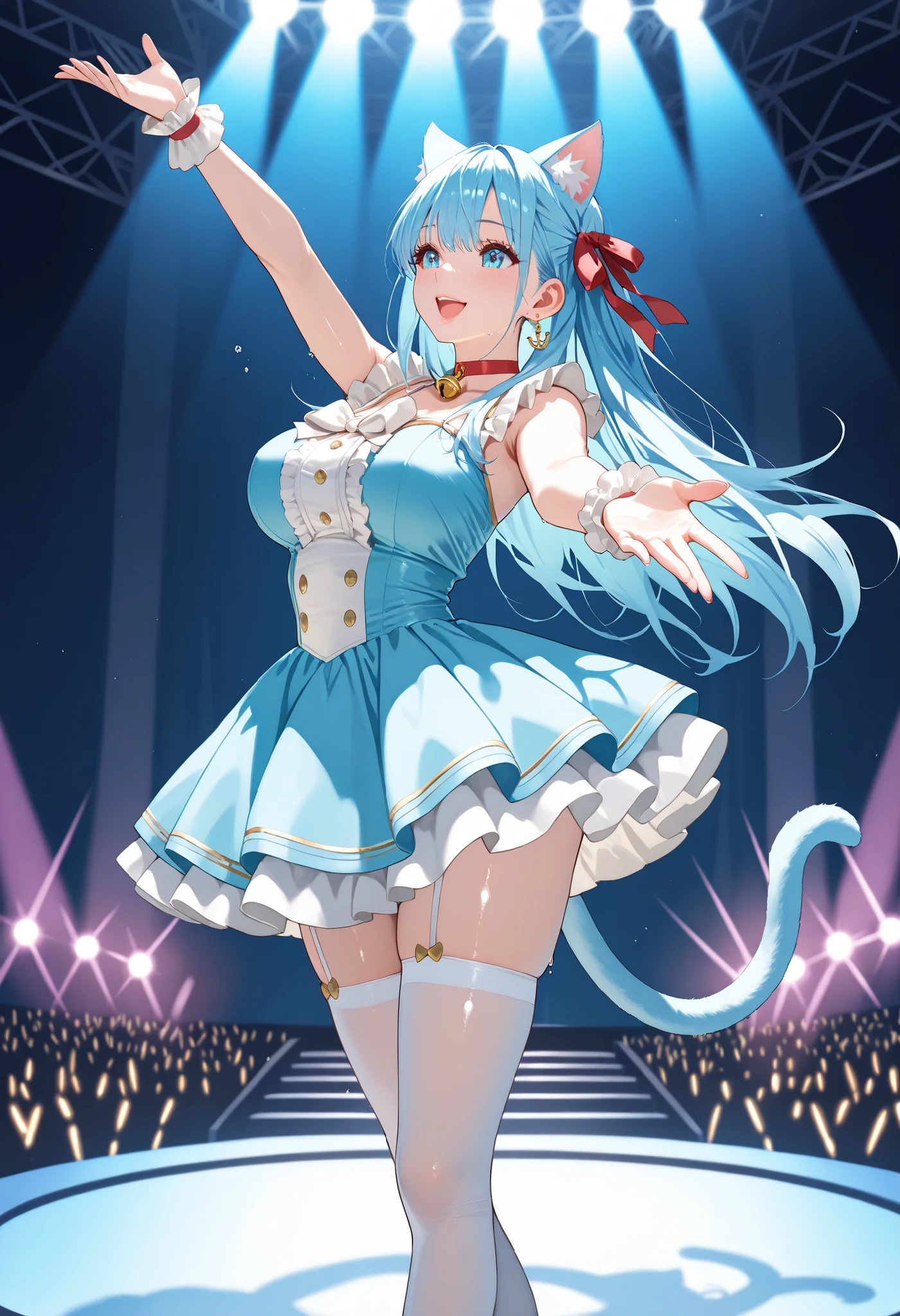 (Masterpiece) (High Detail) (High Res) A humanoid girl with pale skin and blue eyes and long blue hair and blue dog ears and a big fluffy dog tail. She is standing on stage in the middle of a sunny beach during Carnival and is wearing a rainbow sequin covered onepiece swimsuit with a large rainbow feather headdress and rainbow flags all around. Rainbow confetti rainbow feather headdress and rainbow feather plumage. She looks very happy.