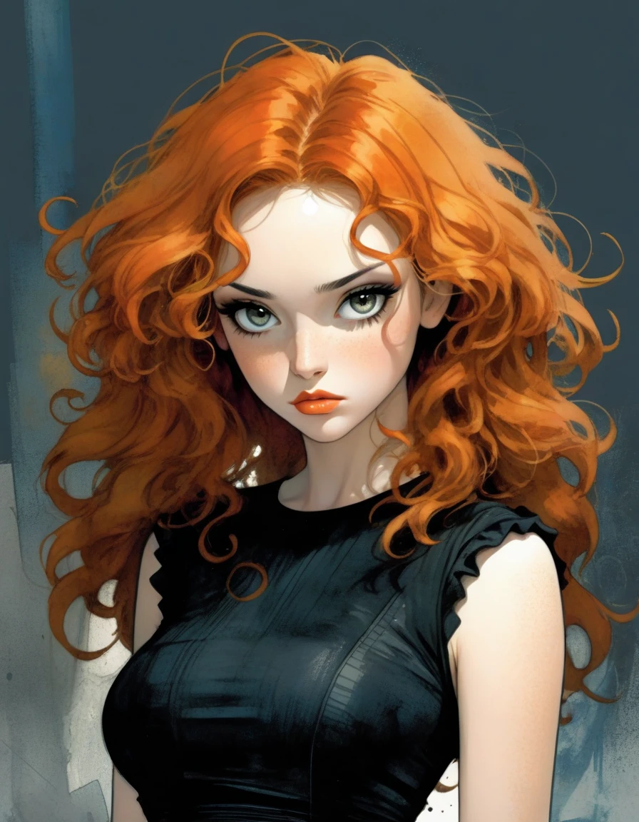 1 girl,smirk,curly hair,in the dark,deep shadow
