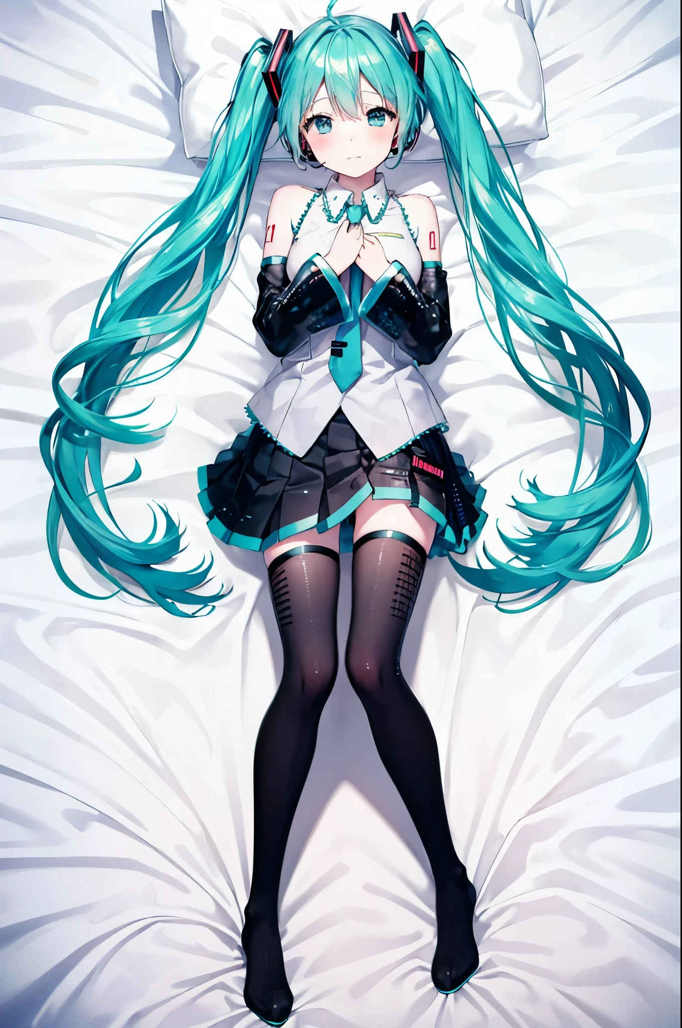 Hatsune Miku, bed, white sheets, Lie on your back, Angle above , embarrassed, Full Body