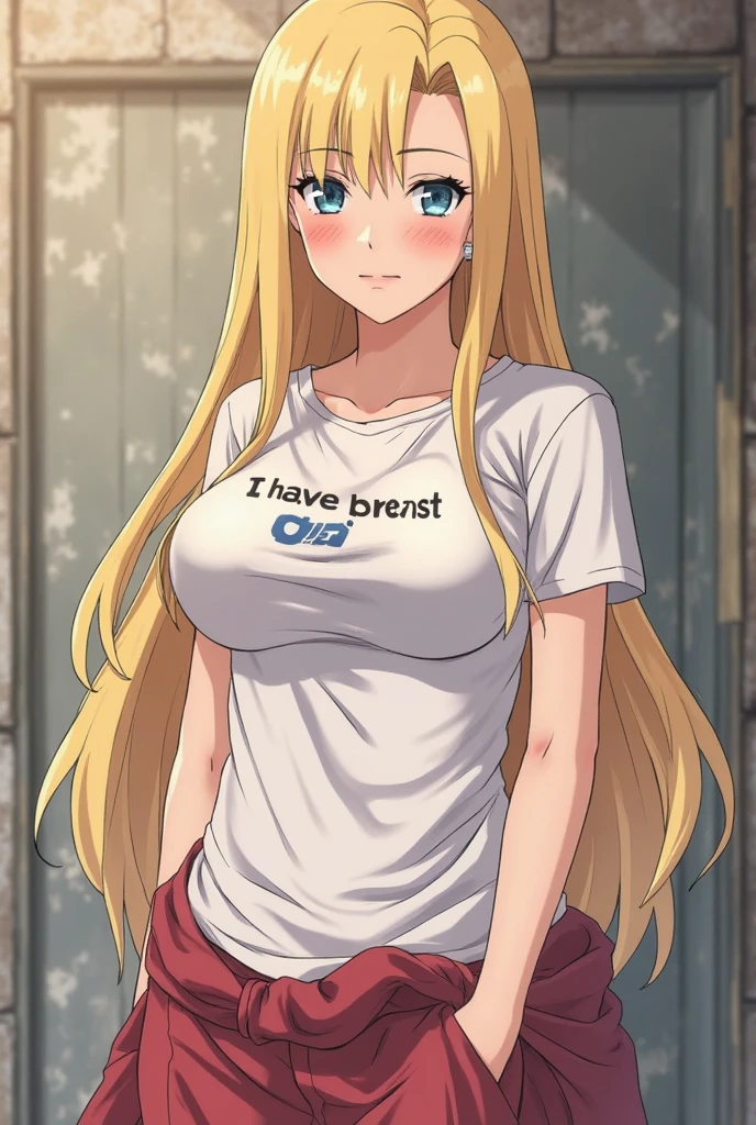 Chica de anime con cabello largo y rubio con camisa blanca y pantalones cortos azules, OPPAI, biomechanical oppai, official anime still, Proporciones OPPAI, con unos pechos grandes, Omina Tachibana, seductora chica de anime, Chica rubia de anime con cabello largo, Mejor chica del anime, pechos grandes!!, pechos grandes!, con senos grandes, Asuna Yuuki