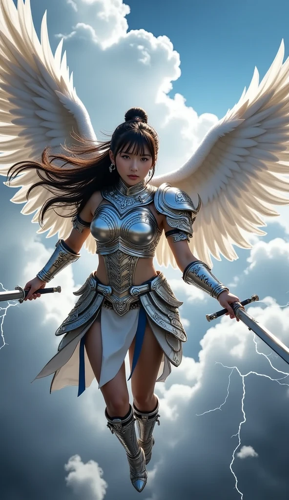 Create a description for a divine warrior with wings spread wide, holding a sword and a shield in its hands.