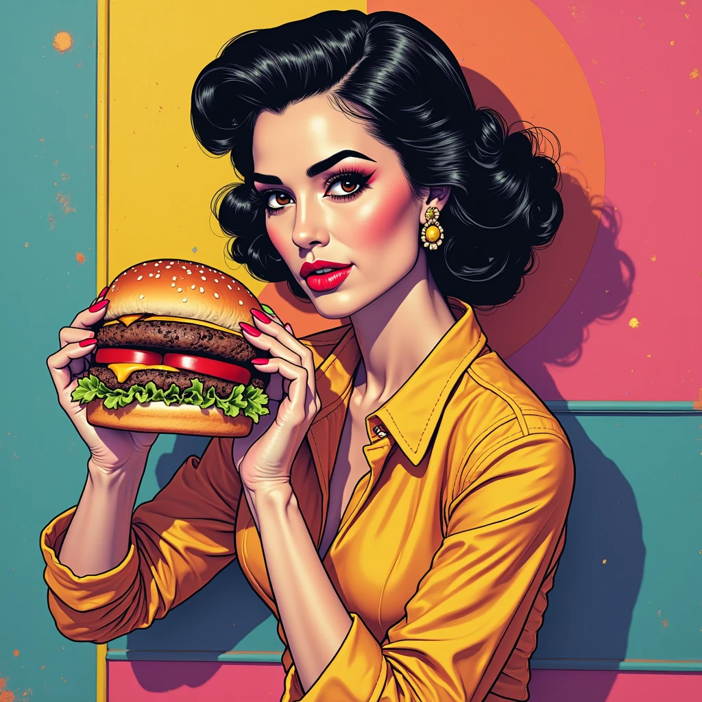 Elaine,shoulder-length black hair,eyes browns, thin lips, Round face, breasts big, in the kitchen eating burger and fries ,detailed artwork.