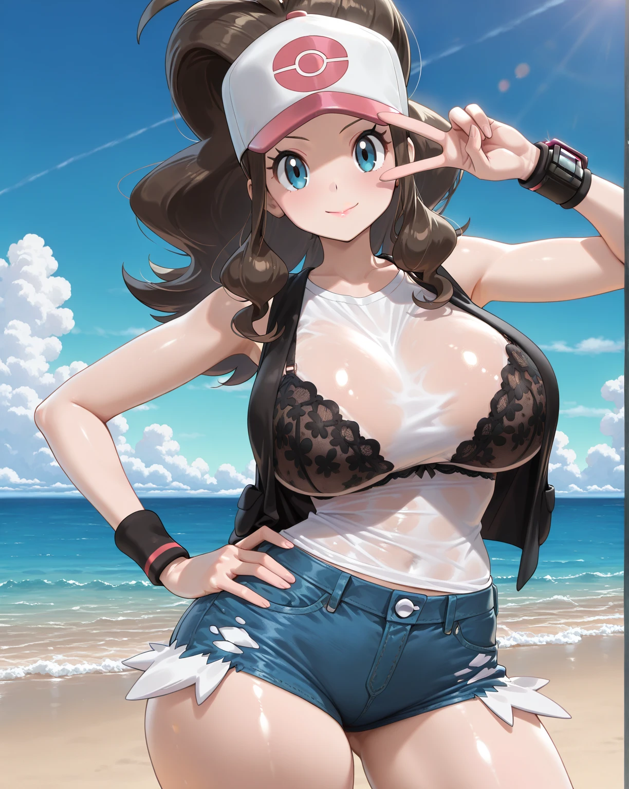 cowgirl's massive vagina out of bottomless spaghetti strap tank top out bare and wet boots spreading her legs, gloved hands hidden behind head, sunglasses
