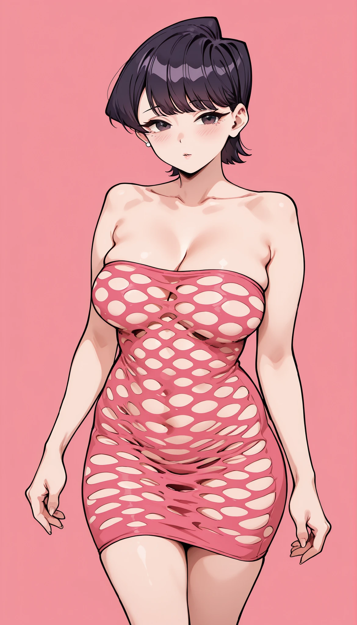 masterpiece, top quality,
1girl, solo,
Suuko Komi, mature women, black hair, shorthair, 
strapless_Pohol_tube_dress_SKNSFW, ミニdress, straplessdress, アクアdress,
simple background, pink background, 
 