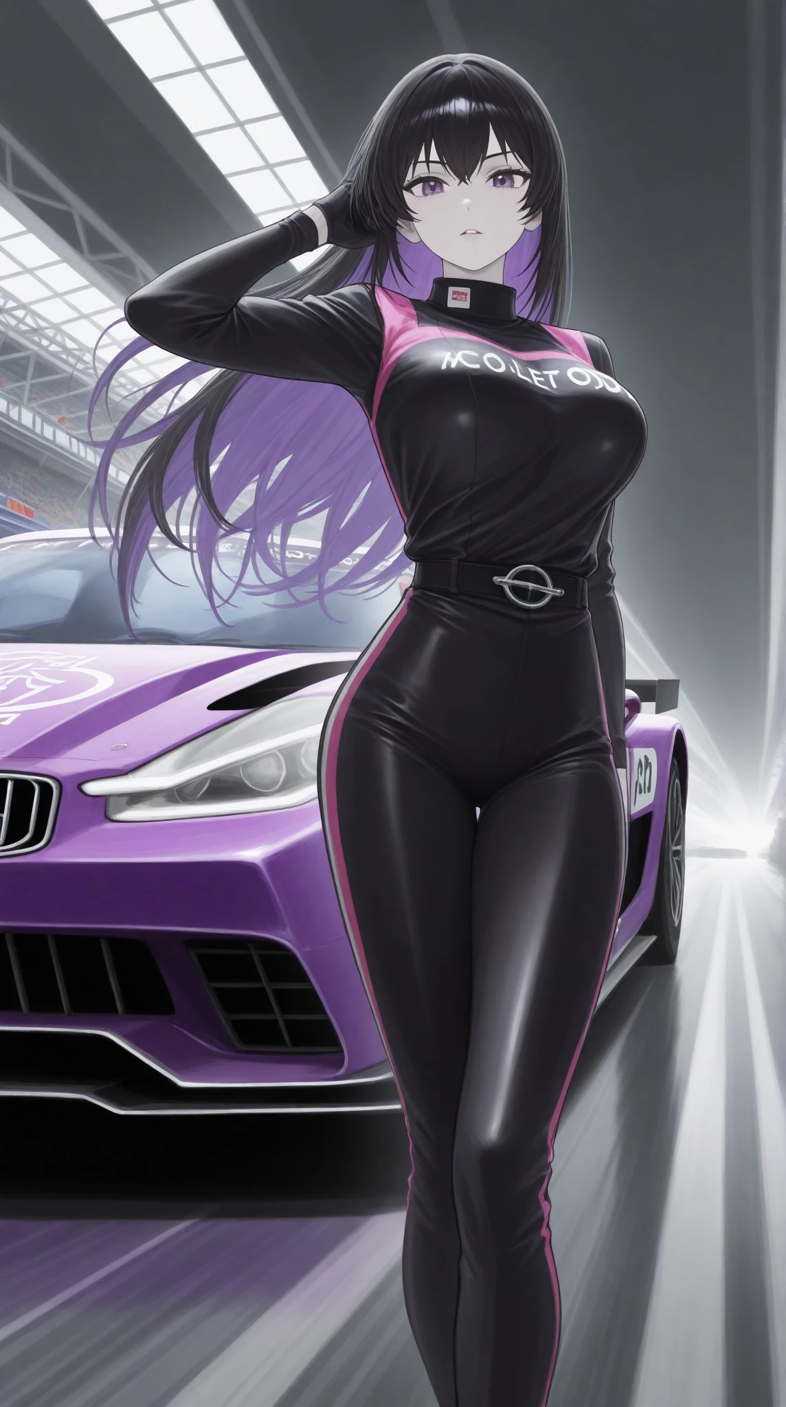 An anime character in a black bodysuit poses next to a racing car, Azur Lane Style, Azur Lane Characters, From the Azur Lane video game, artstation pixivでトレンド, From Girls Frontline, Senna from League of Legends, Fascinating anime, Gweiz-style artwork, Krentz Kuschaert and Artem Demra