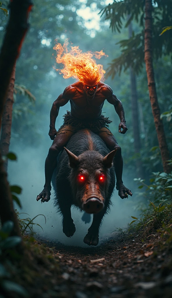 Deep within the untamed depths of the Amazon rainforest, the Caipora roars with primal energy. This fierce forest spirit boasts hair that blazes like living flames, crackling with shades of red and orange, as if the very essence of the forest fire is entwined with his being. His eyes, glowing with an intense, wild light, reveal a blend of ancient cunning and raw, untamed ferocity. His muscular, sinewy form is draped in minimal, nature-bound attire, emphasizing his savage connection to the wilderness.
The Caipora rides a colossal, fearsome wild boar, its tusks gleaming and its body rippling with power and strength. His most striking feature, however, is his feet—turned backward, a testament to his mystical and otherworldly nature, making his presence even more menacing and enigmatic. As the guardian of the Amazon's darkest corners, the Caipora embodies the raw, primal force of the forest, commanding both reverence and fear with his untamed beauty and formidable spirit.