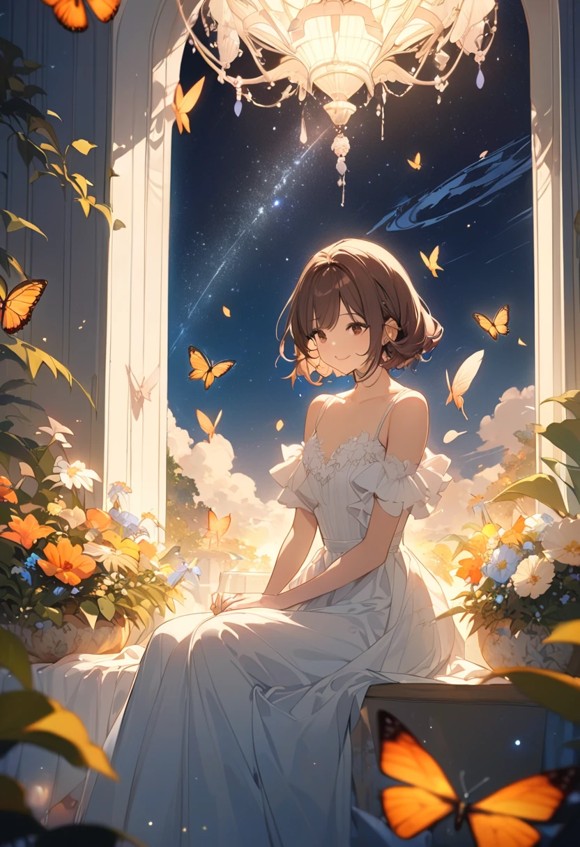 Create an image of a girl sleeping peacefully. Create an illustration of a girl in a tranquil, dreamlike state, surrounded by a lush floral environment under a night sky. She is resting on her side, her expression relaxed and serene. She is gently reclining, her expression peaceful and content, suggesting she is in a state of serene slumber. Her hair is long and flows around her, mingling with the abundant flowers that envelop her. She wears a soft yellow dress that complements the warm golden hues of the blooms. The setting is illuminated by a soft, ambient light that seems to glow from the flowers themselves, as well as from a delicate lantern hanging from a tree branch. The night sky in the background is dotted with stars, enhancing the magical and serene mood of the image. The color palette should consist of rich blues of the night sky, vibrant yellows and golds of the flowers and dress, and warm light from the lantern, creating a harmonious and soothing scene.