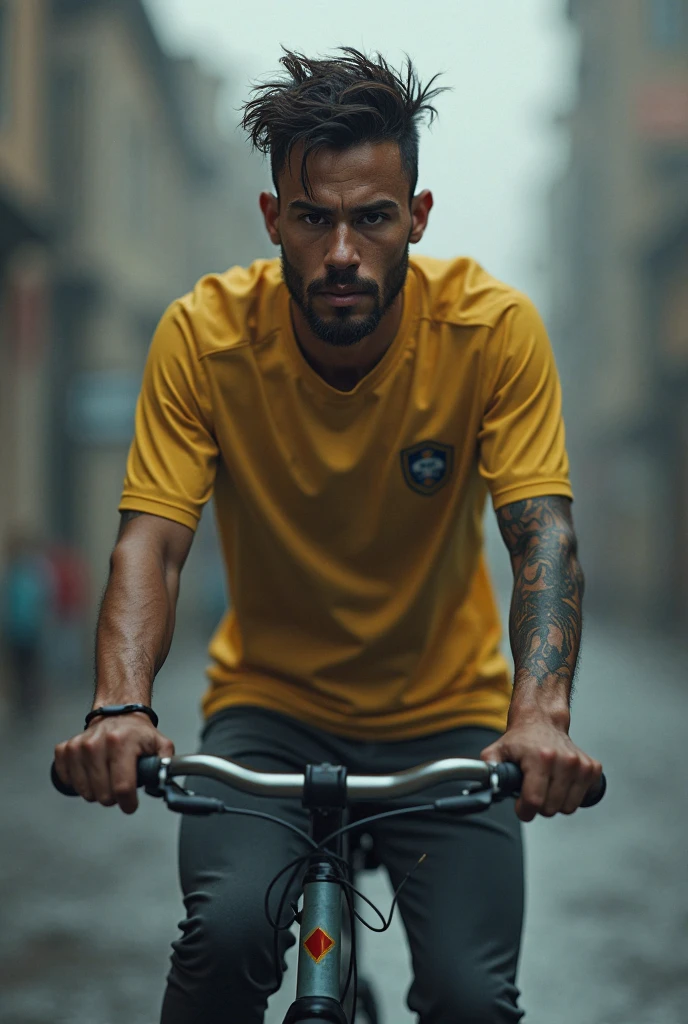 A photo of a man on a blue motorcycle on the apparently concrete floor wearing a red shirt with black horizontal stripes filling the entire shirt and a black Nike cap with the symbol highlighted looking at the horizon