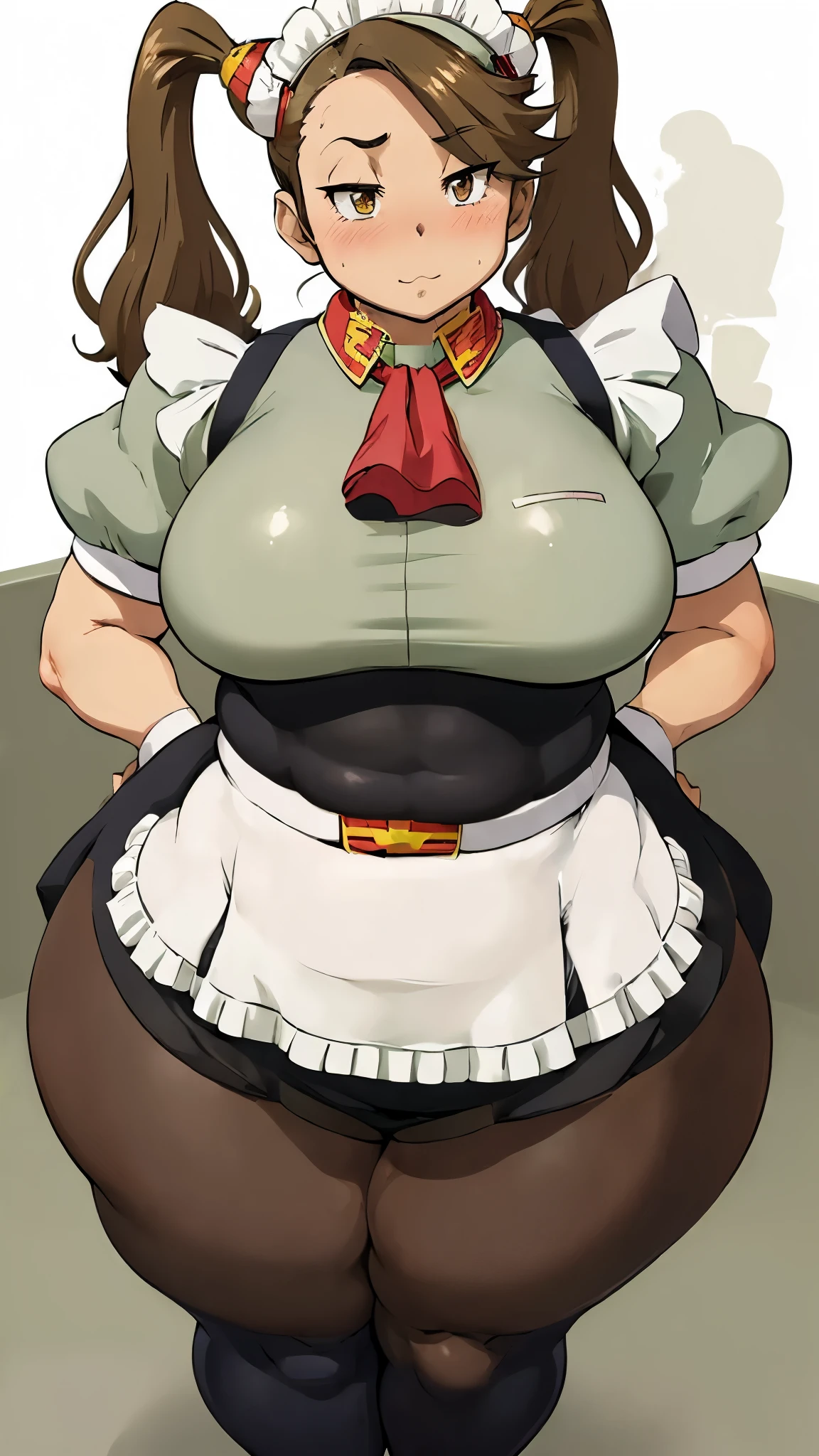 A woman wearing tight white long tights, Big booty, Curvaceous loot, Brown Hair,Light brown eyes,Muscular!!,Blushed,Troubled expression,steam,Sweat,Steam coming from the body,Big Ass!!,pigtails,BIG Boned,farting,Underarm,Armpit hair,Wearing long white tights,Bend your waist