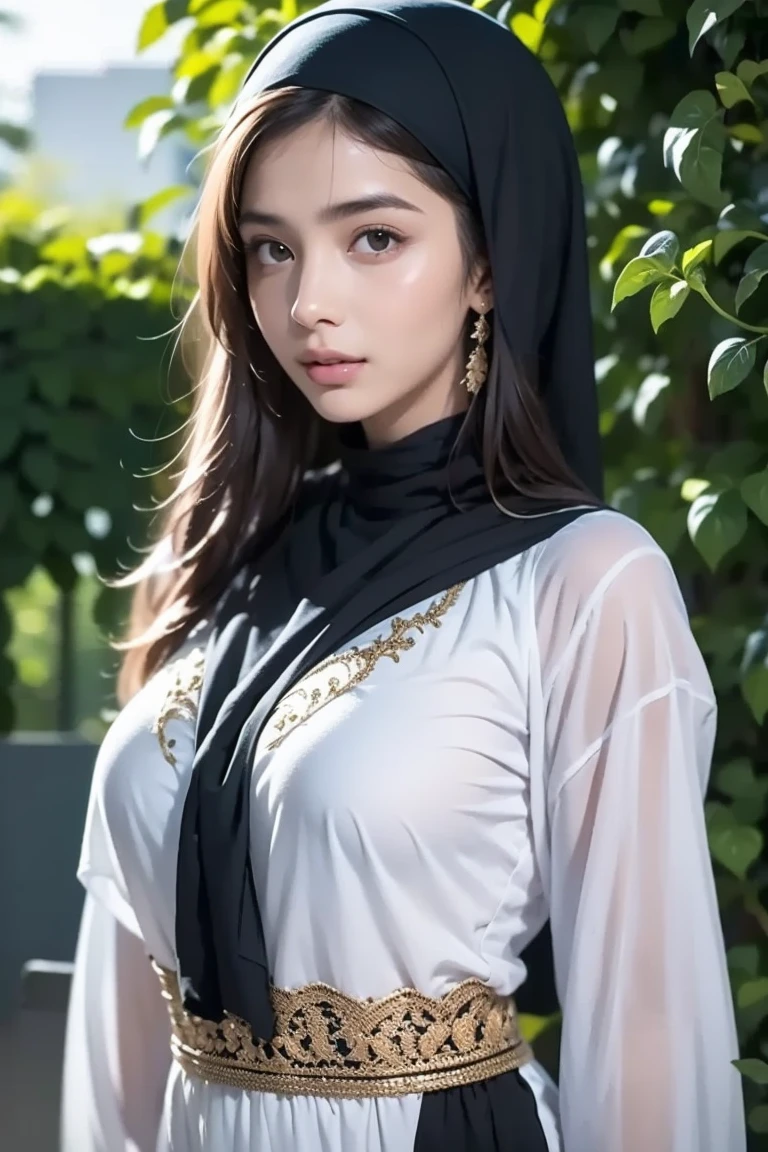 Highest Quality, Highest image quality, RAW Photos, Realistic, Photorealsitic, ultra detailed and beautiful, highest details, 1young girls, good-looking, Beautiful fair skin and luster, Beautiful eyes are big and bright, Small mouth and thin lips, hijabi, Goodness of style and slenderneseautiful big breasts:1.3), She has a cheerful personality and a cute smile......, Natural makeup, Pearl Pin Cripantasy see-through costume with cute details and wide breasts:1.5), Cute little girl s, beautiful girl illuminated by seven colors of light, Irridescent color,