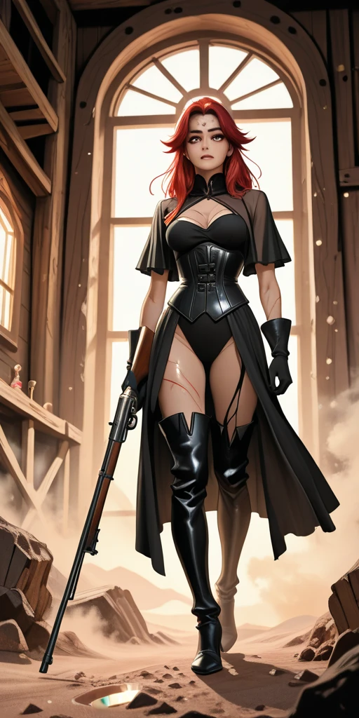 Girl in office outfit, standing, suit and tie, redhead, midriff exposes , dominatrix, very sexy outfit, holding whip, holding a whip, tight attire, very sexy outfit, mistress, full body length shot, wrapped in leather straps, dominant pose, sexy outfit, midriff exposed