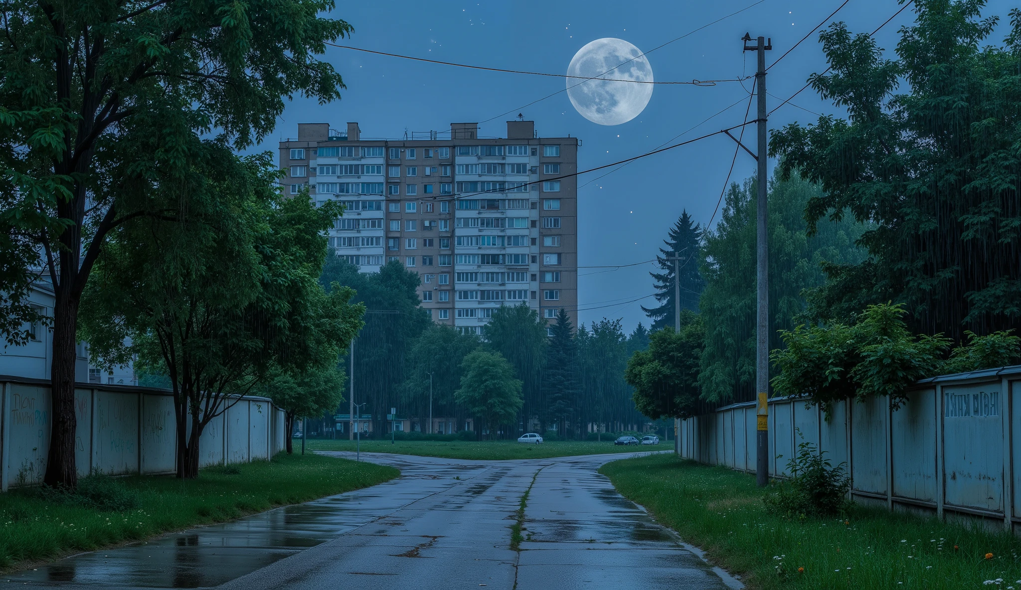 landscape, street, USSR Vibes, panel buildings:1.5, panelki:1.5, many floors, many green trees, night, summer, rain, big moon, stars:1.5, cloudy:1.5, grass, crossroad:1.5, cracks in the asphalt:0.3, soviet-style concrete fence:0.15, flowers:0.15, without sun, no wires, no power lines