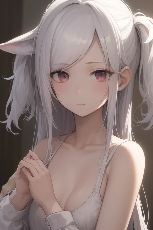 ((Masterpiece)), ((best quality)), (ultra-detailed), ((kawaii)), ((extremely detailed)), 4K, (8K), (super detail:1.2),(High Definition:1.3), (Professional Photography:1.2), (wide shot), cinematic lighting, (sharp focus), (perfect light), ((1girl)), ((12 years old)), messy medium hair, Beautiful collarbone, (exposed naked small breast), erect nipples, (bare arms), cute navel, (Embroidered Tribal boxer shorts), (Healthy slim body), (loose blunt bangs), Slender body, glossy skin, (naughty smile), open mouth, ((Beautiful purple eyes)), Textured skin, (Cat ears), (Pale brown hair), Cute Beautiful Girl, (slightly exposed medium breast), BREAK, ((best quality)), (extremely detailed)), ((1girl)), (loose sitting), ((Pastel-colored paint splatter background)), (Decorated flowers), (sharp focus), (perfect light),