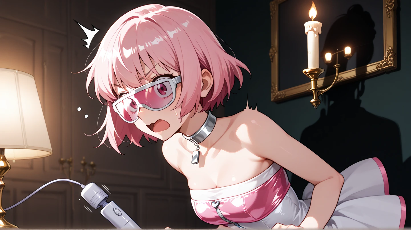 Anime woman with short pink hair taking pictures with cellphone, blushing