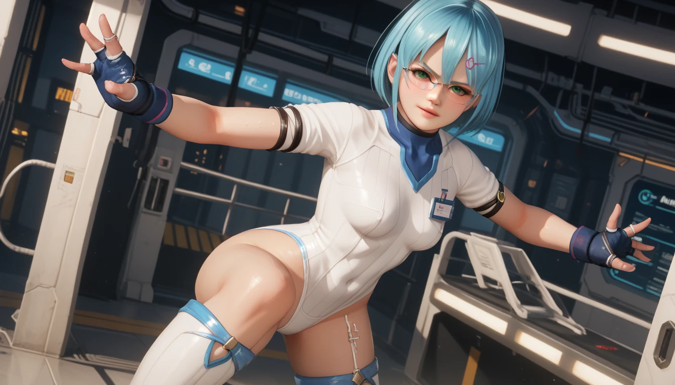 Masterpiece, Best Quality, Highly detailed, illustration, absurdres, street fighter, doll suit, shadaloo doll, dollsuit, girls, multiple girls, expressionless, blank eyes, looking at viewer, red gloves, emotionless, black latex, corrution, mind control, female combatant, full body, hypnotized, unhappy trance, full body suit, ribbed bodysuit, both arms at side, stand up straight, obey, perfect female body, extremely glossy latex, hypnosis, hypnoLora, empty eyes, Mind control device, oses, submissive_pose, Slave, hat, necktie, stand up straight, standing, standing at attention, Slave, hat, necktie, belt, extending the right arm from the shoulder into the air with a straightened hand, nazi saluting, military, military saluting, salute, latex, dead or alive, doa, nico, blue hair, blue eyes, short hair