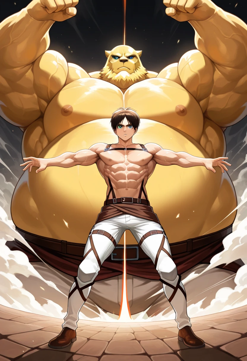 1boy, Vegeta, from Dragon Ball Z, masterpiece, best quality, very aesthetic, absurdres, saiyan, green eyes, spiked hair, (yellow hair:1.5), shirtless, blue skintight pants, white gloves, (huge muscles:2.5), dragonballartstyle, in the style of Akira Toriyama, white tiled floor, outdoors, flat-top mountains, nipples, yellow aura, electricity, (remove the covered part:3)
