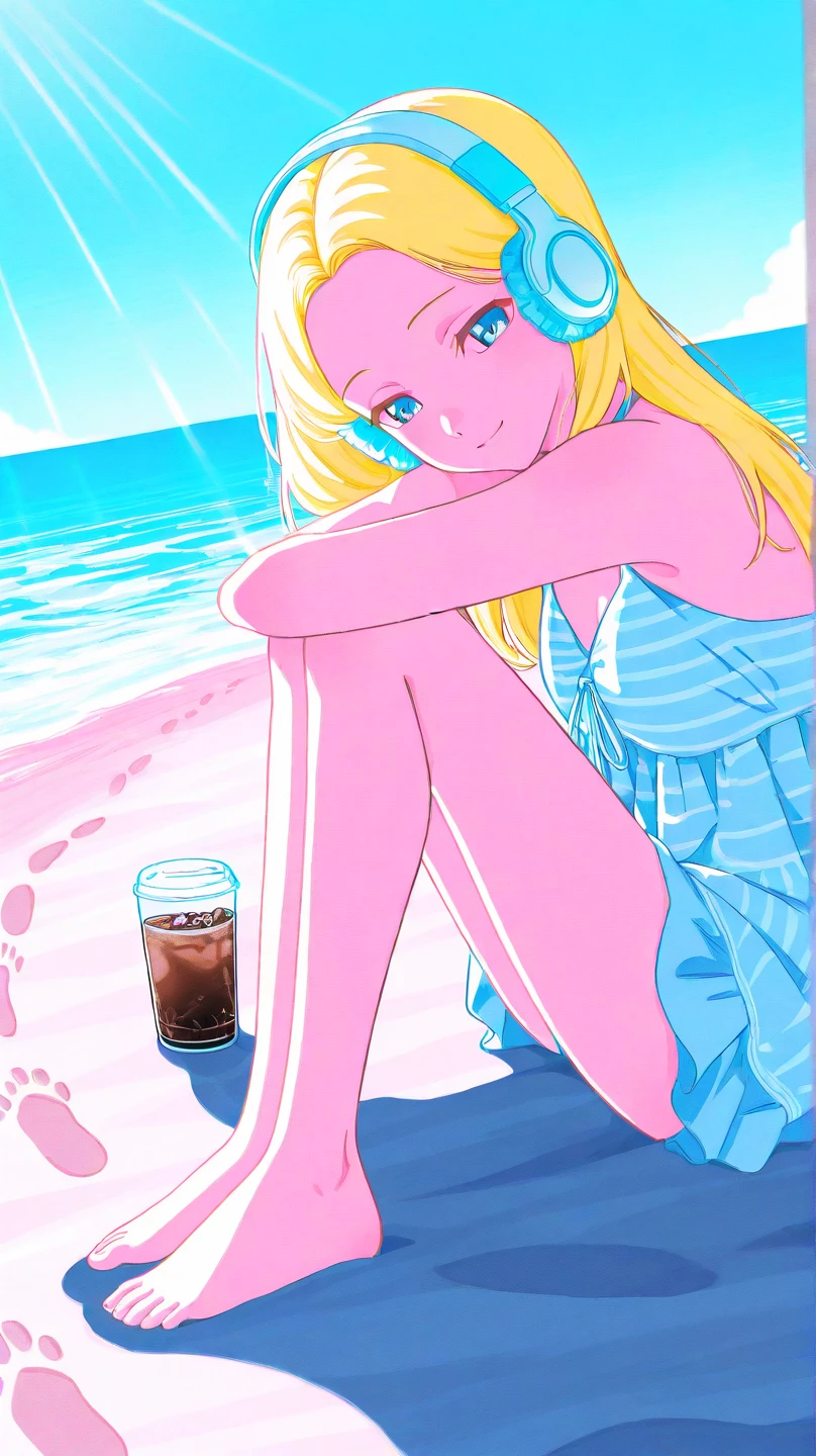 blonde woman in a pink hat holding a drink on a summer beach, (((naked))), (((NSFW))), (((sex))), (((no underwear))), (((show pussy))), (((bare pussy))), (((big breast))), candy girl, white tank top with a print, bubblegum body, 90s style, 9 0 s vibe, 🎀 🧟 🍓 🧚, in style of petra collins, 90s aesthetic, 9 0 s aesthetic, soda themed girl, wearing a cute top, y 2 k aesthetic