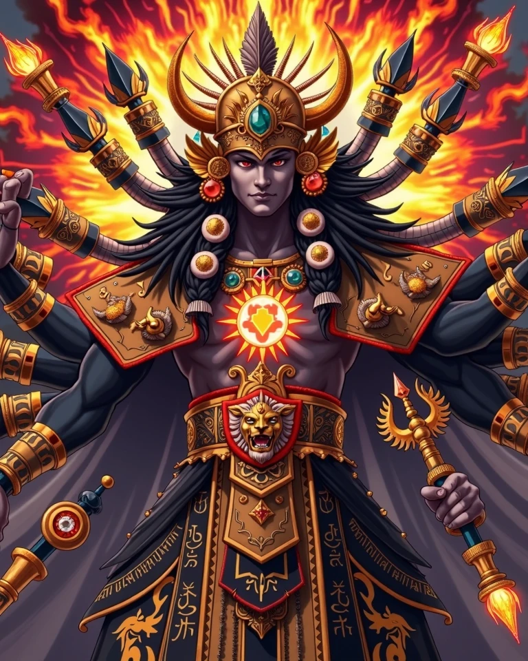 Simbolo da supremacia maya explosive, supernatural painting of a shape-shifting deity, adorned with chaotic and omnipresent Mayan motifs, piercing eyes, a breathtaking amalgam of art and captivating photo collage, Mesmerizing poster design:: woody tone:: full body:: warrior man:: its appearance exuded the enigmatic allure of ancient Mayan minimalism fused with cosmic chaos:: --ar 9:16 --s 963 --c 9 --q 2 --v 5