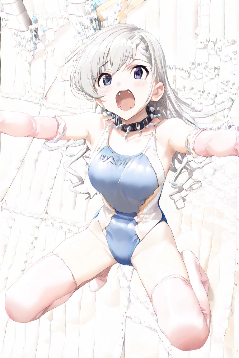 (((masterpiece))),(((best quality))),(ultra-detailed,high resolution:1.2),(illustration),((an extremely delicate and beautiful)),(detailed background), ahegao, (double peace), ((((lying on back)))), vaginal penis, hand job,cm in pussy, ((((wrestling ring)))), ((1petit girl)and(3boys)), multiple boys, hetero, ((((1petit girl,short stature)))),((((miyako(swimsuit)/(blue archive/)))),official style, (slender body:1.4), (long hair,ponytail),white hair,bangs, purple eyes, (small breasts), covered navel, collarbone, pale skin,shiny skin, ((She wears one piece swimsuit,frilly swimsuit, hair ribbon)), ((((panicking)))), (wavy mouth), open mouth, (cum on clothes,cum on body,excessive cum:1.4),cum facial,bukkake,cum on hair, clothing aside, clothed, (3boys,tall stature:1.4), large penis, text,