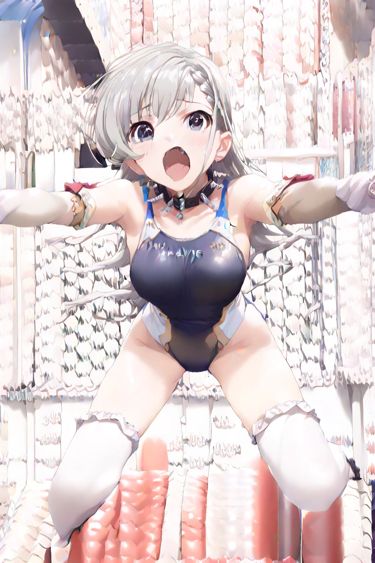 The erotic silver saint in a super high-cut, risqué slingshot and string swimsuit outfit has her hands raised, her legs spread wide, and is tied up with chains, suspended in mid-air, unable to move and feeling embarrassed.(((SFW、sound、Highest quality、first-class、masterpiece、Normal body、8k、Detailed face、Ultra-precision、Normal hand、Normal finger、5Finger、Highest)))、After repeated training, she has fallen into a state of pleasure and is always in heat, with her eyes turning into hearts.、Heart Eyes、180 degree split、Small breasts、Open your mouth and stick out your tongue、Ahegao