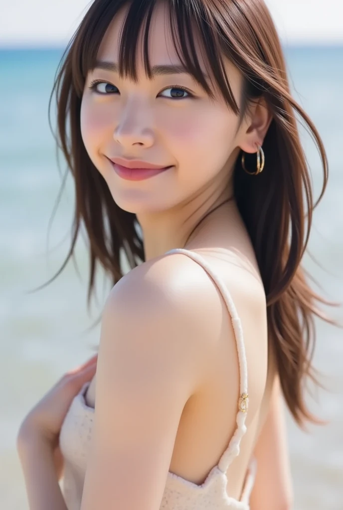 8k, highest quality, masterpiece, super high resolution, (realistic:1.4), RAW Photos, (Film Grain:1.3), One Girl, portrait of a skinny Japanese woman, 30 years old, standing on the beach, a cute face, detailed face, detailed eyes, {short|long} hair, correct body anatomy, photogravure