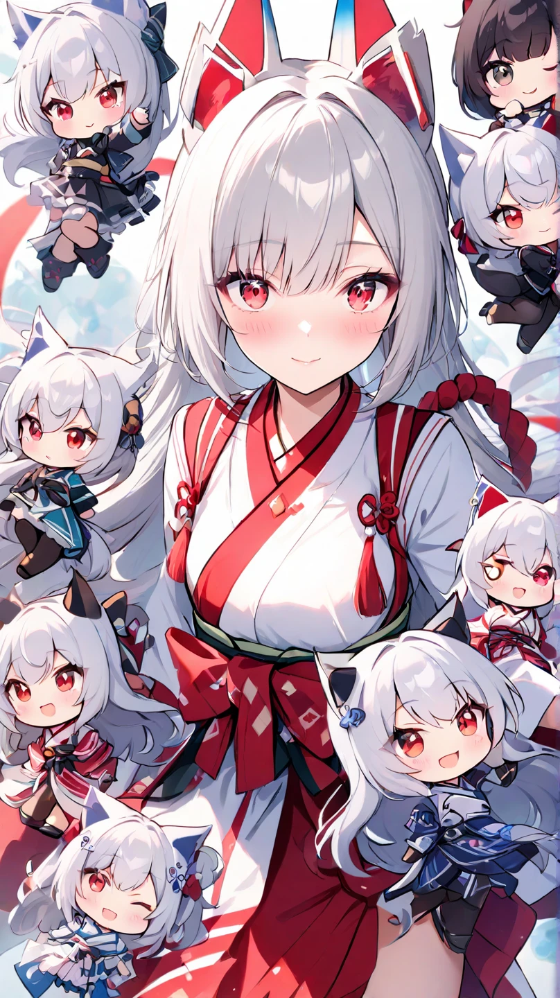 (masterpiece, best quality, highres:1.2), 4girls, large breasts, teenage, father and daughter, winter, snow, ferris wheel, portrait, bob cut, white hair, bangs, hair over eyes, orange eyes, half-closed eyes, ambling, ninja, katana, kunai, mask, skirt up, funny, smile, laughing, open mouth, from forward, upper body, looking up