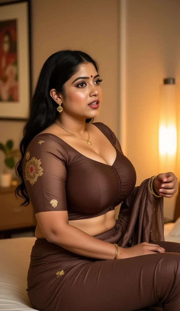Saira Banu 28 years old beautiful different cute Indian face Indian girl, big bulky m-cup breast, curvy plus size body figure, l Embroidery t-shirt, different colorful Botanical Banarasi Saree, different hairstyle, bright eyes, thin eyebrows, fair skin, blushing cheeks, head to thigh close up view, smiling face, ultra realistic skin texture, Straight front view standing Pose, beautiful different Shani Shingnapur Temple background, ultra realistic, close up head to thigh view, black hair, Provocative eye Contact, glossy lipstick, attractive eye contract face, big bulky breas, wearing glasses