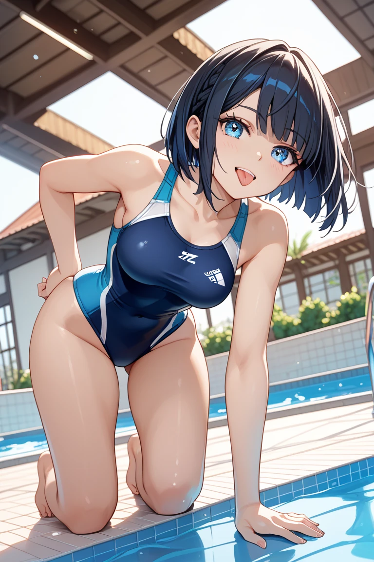 (realistic, photo realistic:1.2), ((highest quality)), beautiful face details, real human skin, pretty embarrassing, shimamura uzuki, swim wear, frill,, under breasts, hair ornament, ribbon, hair ribbon, sleeveless, hairclip, midriff, vest, red ribbon, wrist cuffs, blue thighhighs, Cowboy Shot, sitting on speaker, knees raised, spread legs, Cute face, deadpan, Looking at Viewer, pool, (sun lights), (crowd, audience:1.3), from below, (wind:1.2)