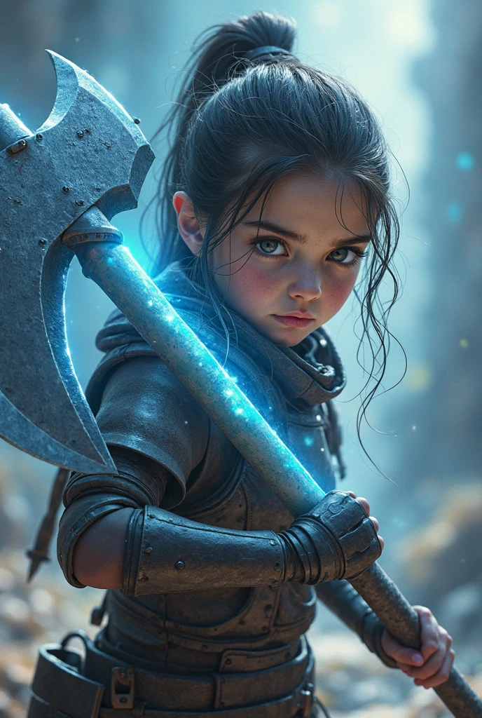 A girl with a giant weapon, Cute expression, , , Her face turns red,, Very wide shot, Realistic, 8k, Very detailed, Dramatic lighting, Warm color palette, Fantasy art style