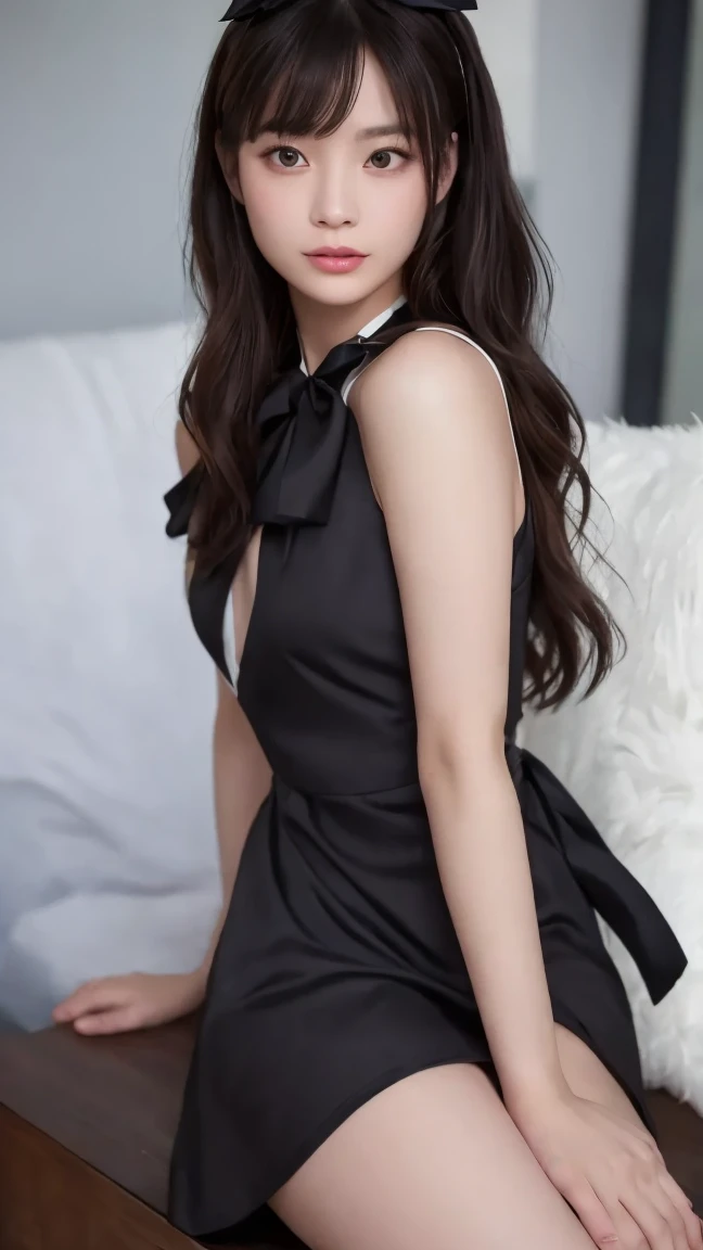 20 Year Old Girl, Long black hair, loose hair, bangs on her head, Brown eyes,small chest, dressed in a dress, Black Dress,lying on the bed, Beautiful bed, overhead shot, Perspective from above