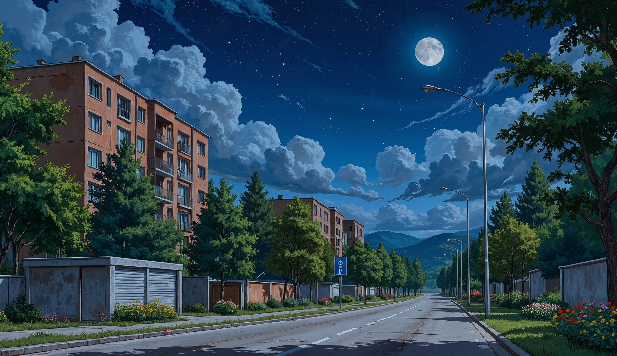 landscape, street, USSR Vibes, detailed panelki, Russian Apartments, many green trees, night, summer, big moon, stars:1.5, cloudy:1.5, grass, crossroad:1.5, cracks in the asphalt:0.3, soviet-style concrete fence:0.15, flowers:0.15, without sun, garages