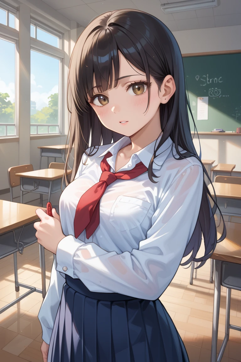 (masterpiece:1.2, top-quality), (realistic, photorealistic:1.4), beautiful illustration, 
looking at viewer, full body, front view:0.6, 
1 girl, japanese, high school girl, (long hair:1.5, wavy hair), brown hair, (half up, half updo), hair bun, bangs, hair between eye, red eyes, small breasts, long eyelashes, 
beautiful hair, beautiful face, beautiful detailed eyes, beautiful clavicle, beautiful body, beautiful breasts, beautiful thighs, beautiful fingers, slim waist, very wide hips, thick thighs, 
(beautiful scenery), sun rays at sunset,, classroom, desk, sitting desk, 
((collared short sleeve shirt, white shirt, school uniform, dark blue red plaid pleated mini skirt, dark blue red plaid bow tie)), white panties, earrings, 
smiling, pleased face, open legs, panty view, back arched, 