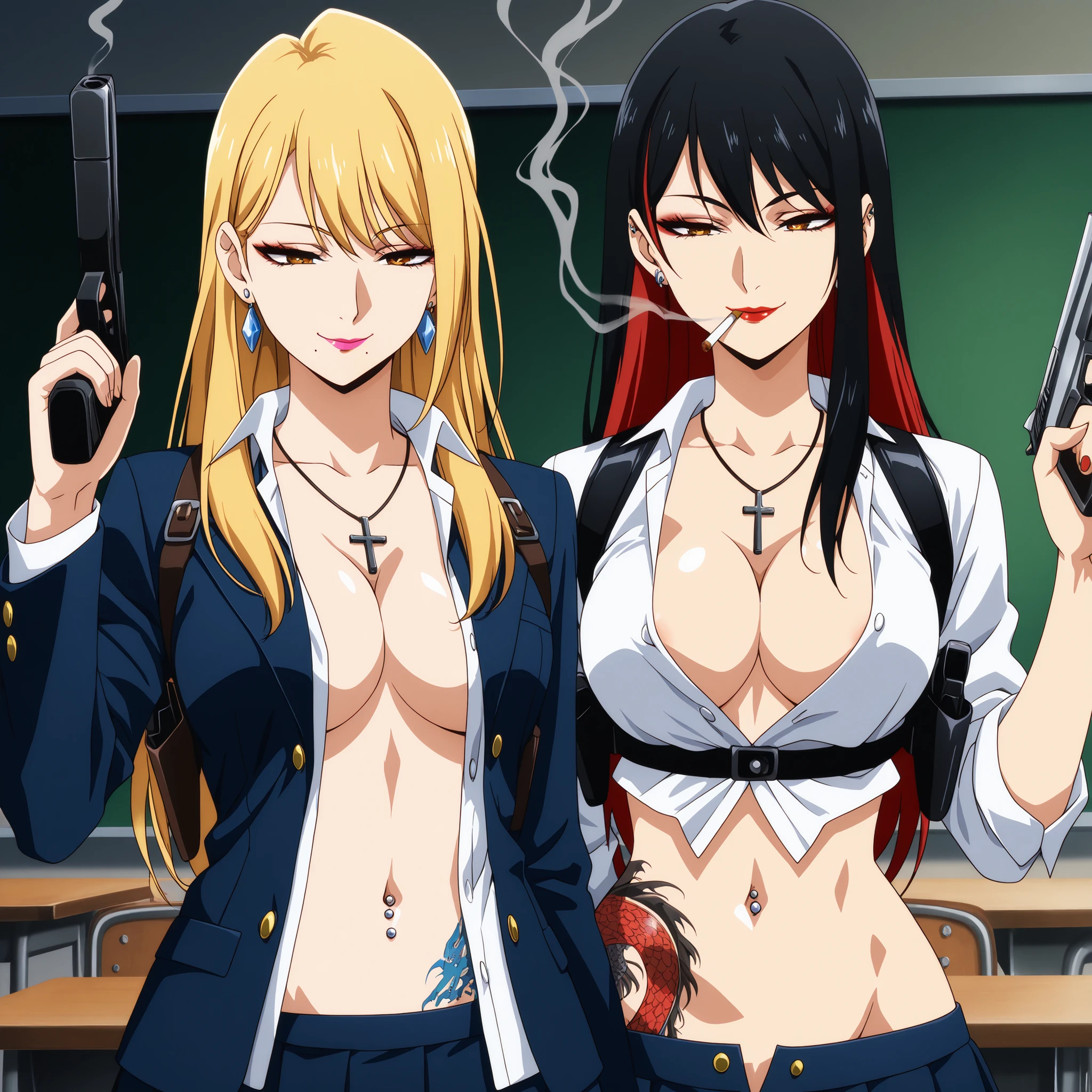 masterpiece,best quality,highres, absurdres, , mole under mouth, eyeliner,2girl, two girls,  female,  long hair, [[[tattoo]]], earrings,  tattoo, waist tattoo, girls, black hair, blonde hair,  red hair,
ear piercing, long hair, , lipstick, Hot girl, baddie, smoking, sensual, attractive , cross necklace, masterpiece, best quality, ((unbuttoned school uniform, cleavage, necklace, earrings, y
body, slip, )) , micro skirt, smiling, navel , exposed belly, exposed navel,
(nsfw) not safe for work,school, classroom , hold a gun,knot, holding
pistol,navel piercing ,blazer , shoulder holster, ,medium  , dragon tattoo on waist, narrowed eyes, tattoo on waist,, anipai_style , anime screencap , anime coloring,,