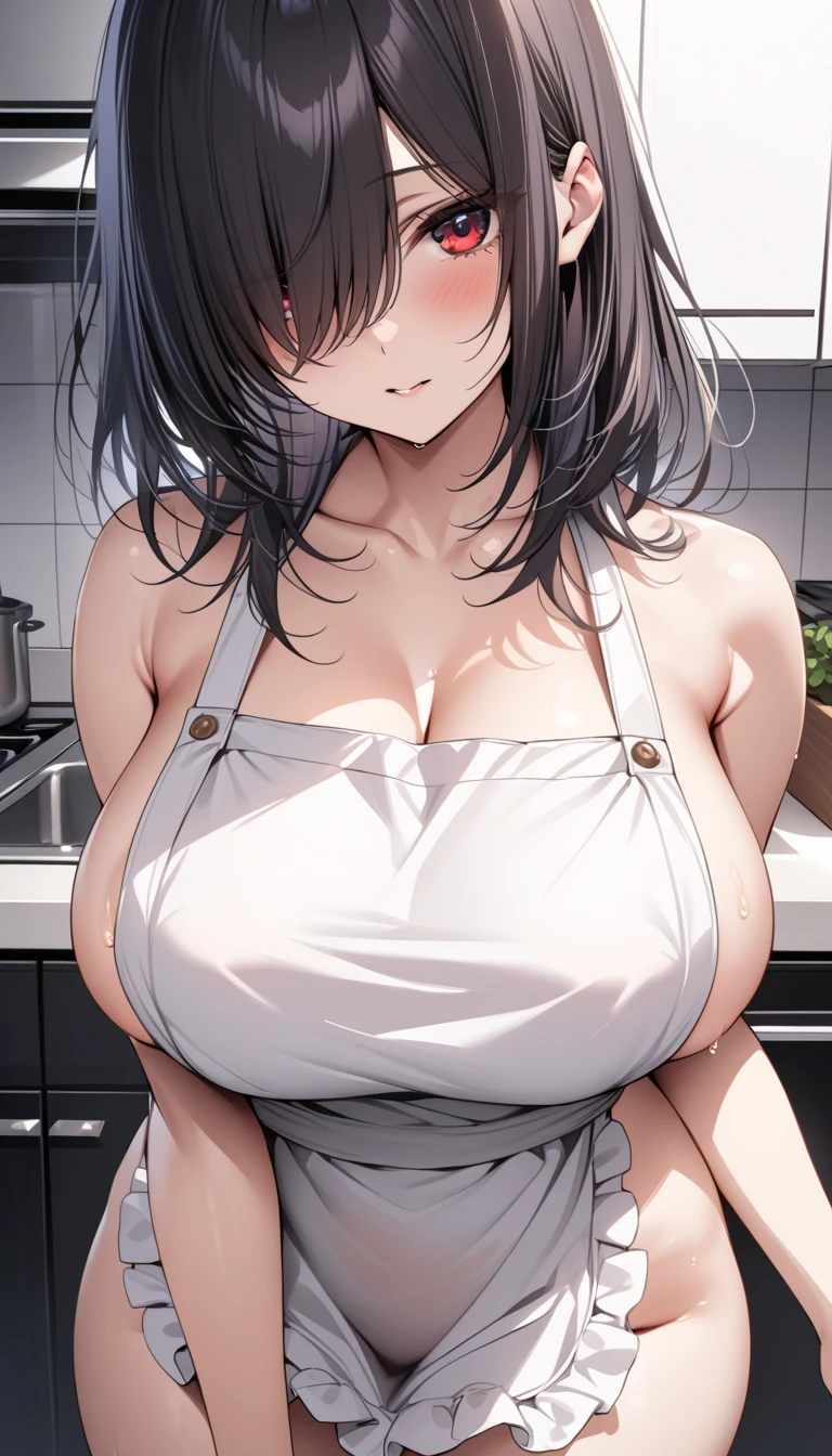 masterpiece, yor, 1girl, Amazing Cleavage:1.3, thin waist, big ass, Raised sexy, medium breast: 1.8 posed cleavage:1.2、solo, looking at viewer, open mouth, have a cup of coffee,black hair, red eyes, dress, bare shoulders, jewelry, collarbone, sidelocks, hairband, earrings, indoors, off shoulder, :o, sweater, arms behind back, plant, short hair with long locks, white hairband, off-shoulder dress, sweater dress, off-shoulder sweater, red sweater, big side hair, very long side hair,is rendered in (masterpiece: 1.2, best quality), with (ultra high resolution) and an exquisite (depth of field). This masterpiece is not only visually stunning but also tells, make of cake cooking ,in the kitchen