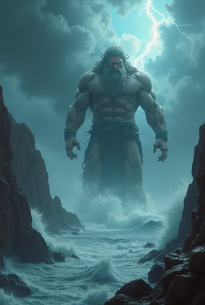  towering figure of a wild storm deity, with swirling winds and lightning crackling around them, standing atop a cliff overlooking a raging sea. The sky is filled with dark, roiling clouds, and the ocean churns with untamed power. (masterpiece, 8K, ultra detailed, high contrast, dramatic lighting, photorealistic, dynamic pose)