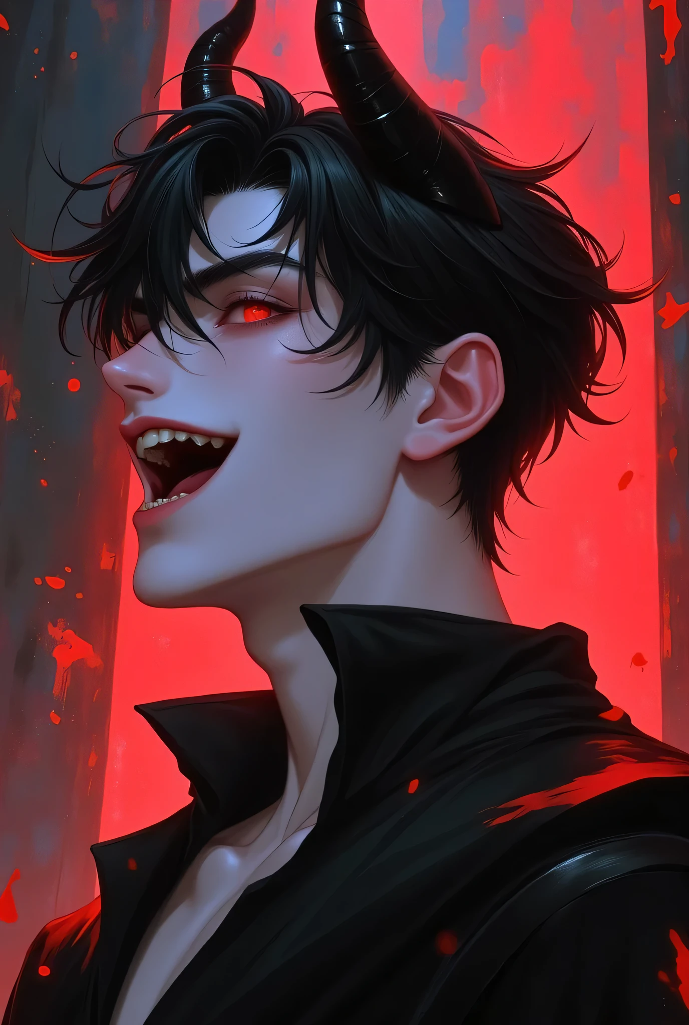 best quality,masterpiece,realistic,short hair,teeth,solo,blood,pointy ears,black hair,red background,(1boy:1.1),sharp teeth,blood on face,male focus,looking at viewer,<lora:Crazy_girl-000006:0.6>,