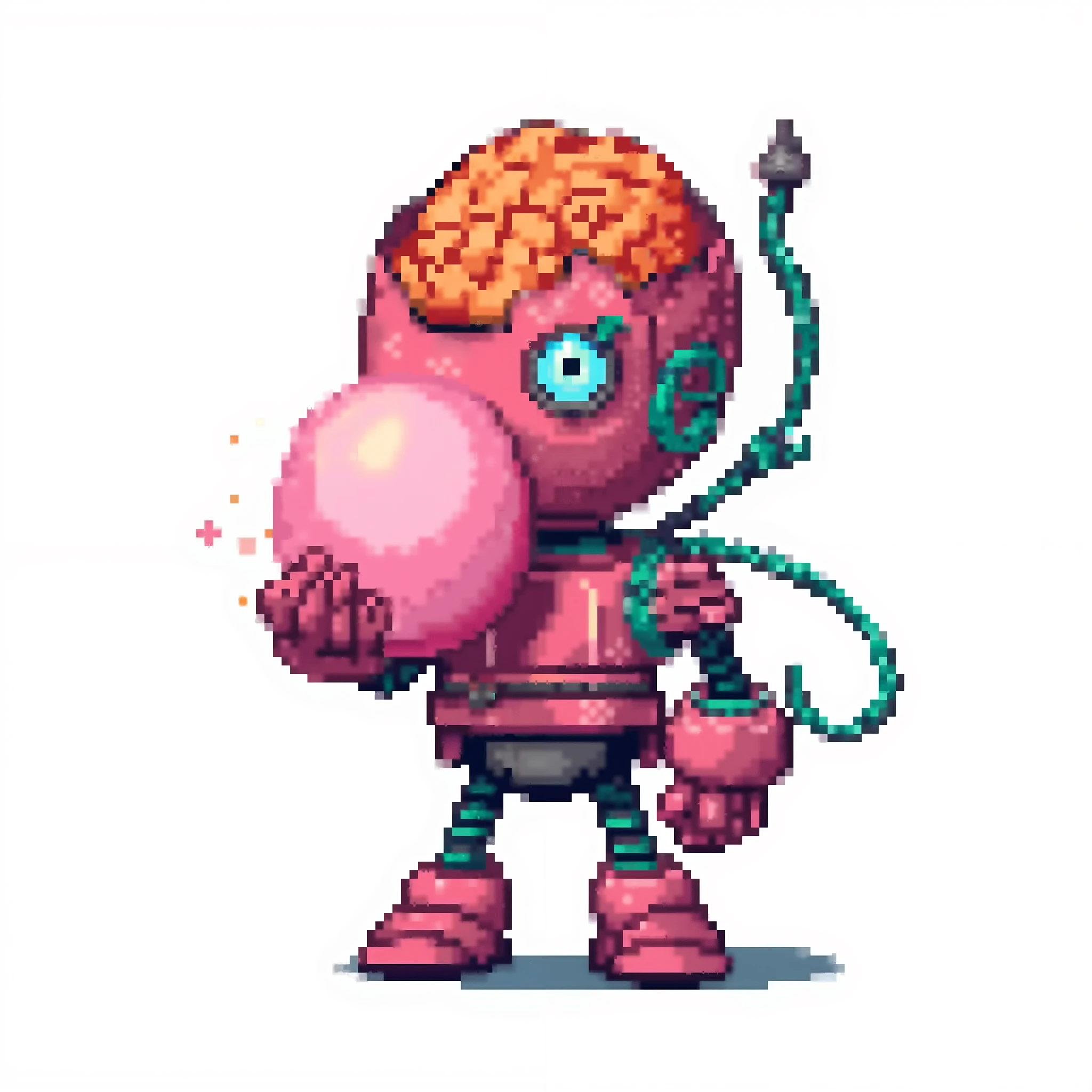 "8-bit pixel art of a quirky pink robot with exposed orange brain, blowing a pink bubblegum, detailed wires wrapped around its body, one glowing cyan eye and one empty socket, bold thick outlines, vibrant color palette (pink, orange, teal), clean white background, expressive cartoon style, comic-retro vibe, 1:1 aspect ratio"