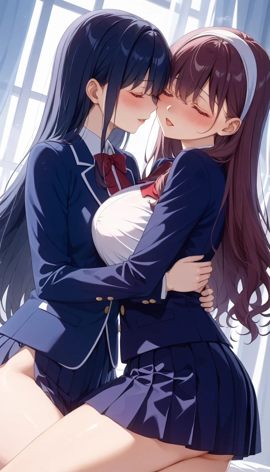 Lesbian (very long loose yellow hair)(big breasts, big thighs)(with school uniform clothes it is very tight) that he is kissing at school with his girlfriend,(big breasts, big thighs)lesbian love