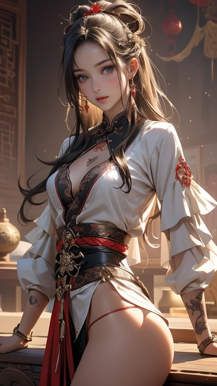 anime - style woman in a red and white dress sitting on a bed, cute anime waifu in a nice dress, Extremely detailed Artgerm, Guviz-style artwork, palace ， A girl in Hanfu, royal elegant pose, Keqing from Genshin Impact, by Yang J, beautiful and seductive anime woman, zhongli from genshin impact
