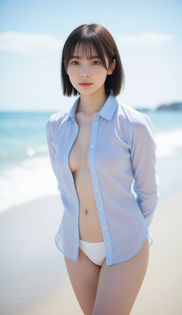 (masterpiece:1.3), (8k, realistic, Live shooting, best image quality: 1.4), ２０young girl、In Japanese style 、(casual hairstyles:1.2)、super detail face、eye for detail、double eyelid、chest to chest、sharp focus:1.2、cute woman:1.4、light brown hair、highest quality、masterpiece、ultra high resolution、(realistic:1.4)、Highly detailed and professional illuminated smile、tight waist、Beautiful woman、(((transparent clothes、not wearing underwear、Knee stockings)))、thin、(((troubled face、No panties、no pants、short cut hair、transparent clothes、I can see your nipples、show me your pussy 、My pussy is sticky and wet、Dripping sticky love juice、private parts visible、spread your legs、show private parts、show nipples、cowboy shot 、short hair with twin tails)))、show me your pussy 、show me your pussy 、open thighs、(((tropical island、along the coast、I can see your nipples、show private parts カメラとアイコンタクトをとる、expression of climax、(((climax face、view from below)))、view from below、sticky love juice、transparent clothes